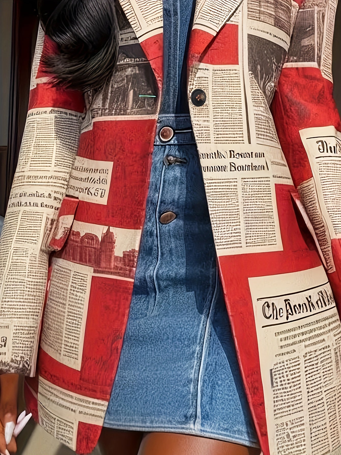 Elegant Vintage-Inspired Mid-Length Blazer with Newspaper Print, Long Sleeves, and Button Front - Chic Urban Style for Women